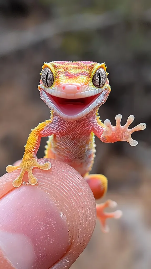 A small, yellow and pink gecko with large, dark eyes smiles brightly as it sits on a human finger. The gecko's skin is textured and its toes are curled around the finger. Its bright smile and small size make it look incredibly cute. The background is blurred, focusing attention on the gecko.