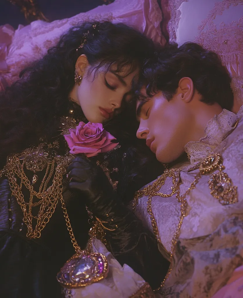 A young woman with long dark hair, wearing a black gown adorned with gold chains and a single pink rose, rests her head against a young man. He is wearing a white shirt with intricate gold embroidery and a gold chain necklace. Their faces are close together, their eyes closed, suggesting a moment of intimacy and connection. The image has a soft, romantic feel, enhanced by the purple and pink hues.  The setting is opulent, with a hint of regal grandeur.