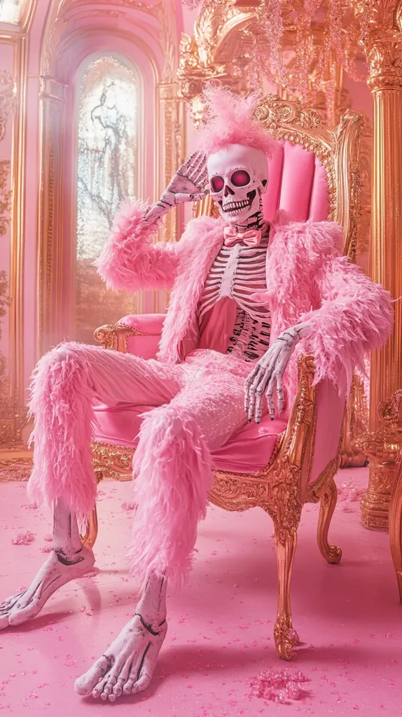 A skeletal figure sits in a pink, ornate, gold-trimmed chair in a room with pink walls. The skeleton is wearing a pink fluffy jacket and pants, with a pink bowtie. Its hand rests on the armrest, and its feet are bare, revealing the bony structure. The floor is covered in pink confetti. The image conveys a whimsical and slightly eerie aesthetic.
