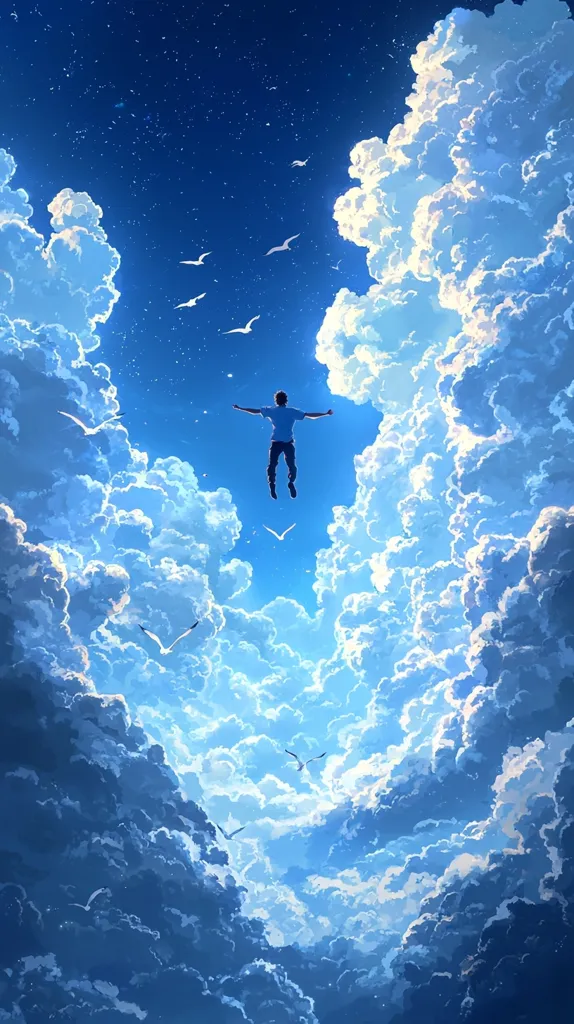 A single figure falls through a bright blue sky, surrounded by fluffy white clouds.  The person's arms are outstretched, giving the impression of a free fall.  The sky is dotted with small white birds, adding to the peaceful and tranquil atmosphere.  The image evokes a sense of wonder and possibility, as if the person is falling into a dreamlike state.