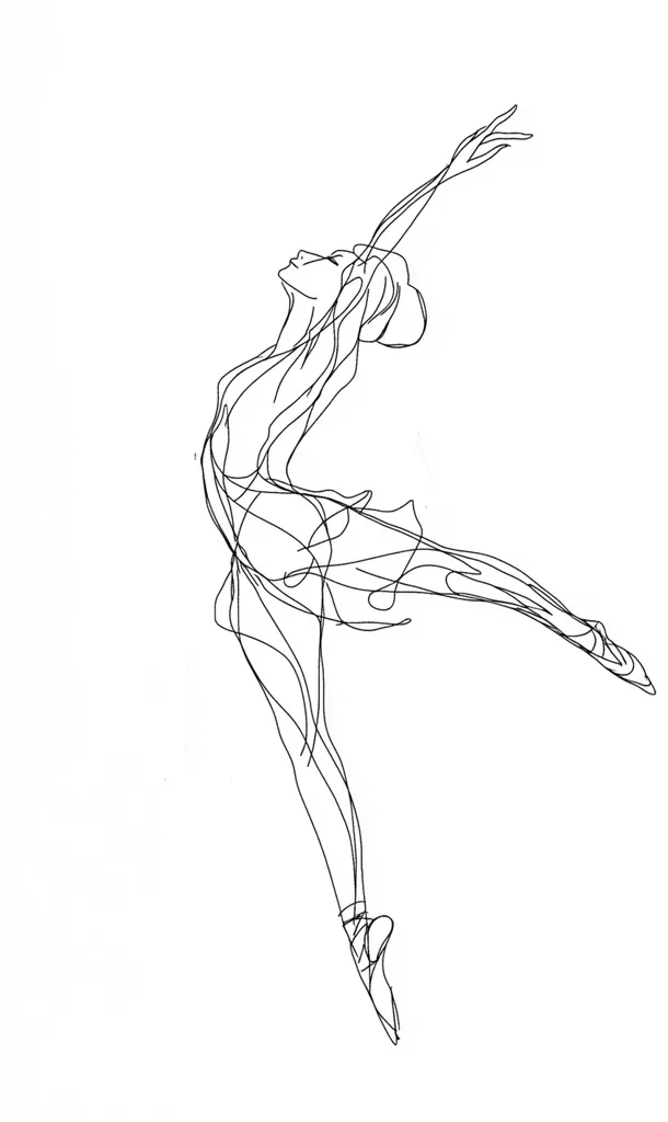 The image is a simple line drawing of a ballerina mid-leap. Her arms are outstretched above her head, and her legs are extended in a graceful arc. The drawing is done in a single continuous line, creating a sense of fluidity and movement. The ballerina's dress is flowing behind her, adding to the overall feeling of lightness and grace. The drawing is minimalistic and elegant, capturing the essence of dance in a few simple lines.