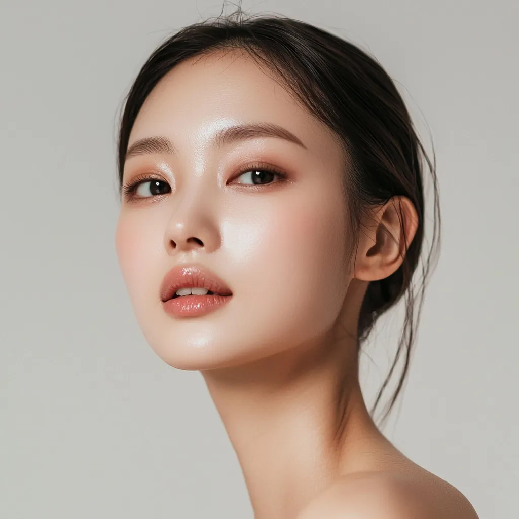 The image shows a close-up of a young woman's face. She has long black hair pulled back, revealing her flawless skin. Her eyes are wide and dark, and her lips are slightly parted. The lighting is soft and natural, highlighting her delicate features.  She appears to be looking directly at the viewer with a calm and serene expression.  The background is a simple, neutral color, allowing the focus to remain solely on her face.