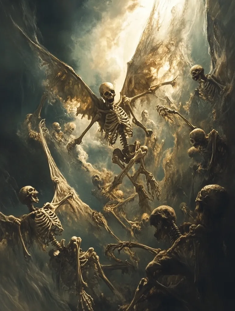 The image depicts a scene of a skeletal horde in a dark and swirling sky. The central figure is a winged skeleton with a menacing expression.  Surrounding it are numerous other skeletons, some reaching out with bony hands, creating a sense of chaos and despair. The scene is illuminated by a beam of light that pierces through the dark clouds, casting an eerie glow on the skeletal figures.  The overall atmosphere is one of darkness, death, and impending doom.