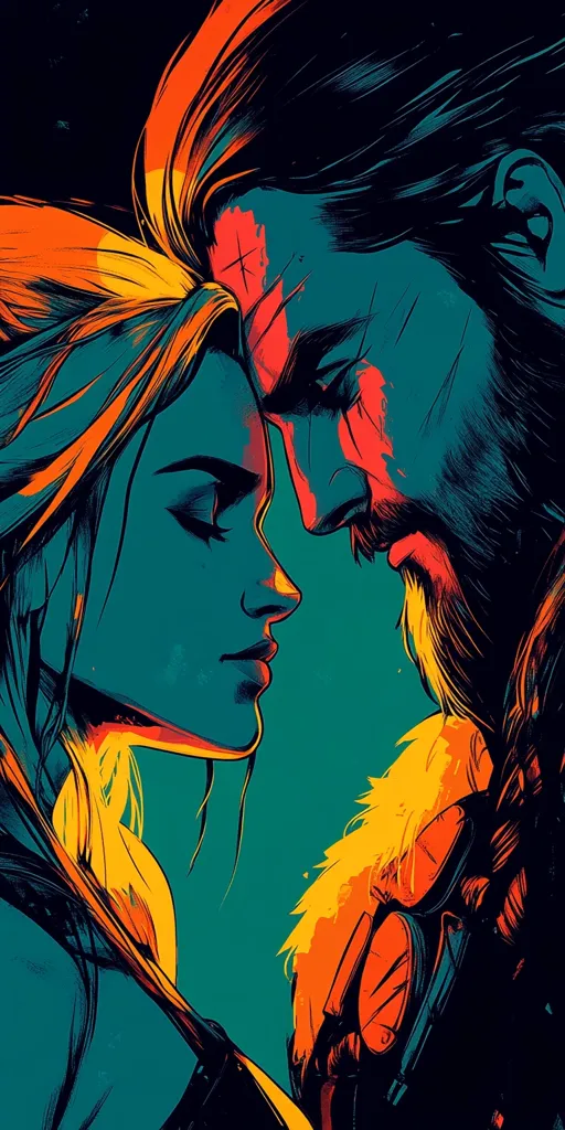 The image depicts a close-up of a man and a woman, their faces touching. The man has a long beard and is wearing a fur-lined coat. The woman has long flowing hair. The image is stylized with bold lines and vibrant colors. The background is a deep teal, while the figures are rendered in shades of orange, red, and yellow.  The overall tone of the image is romantic and intimate.