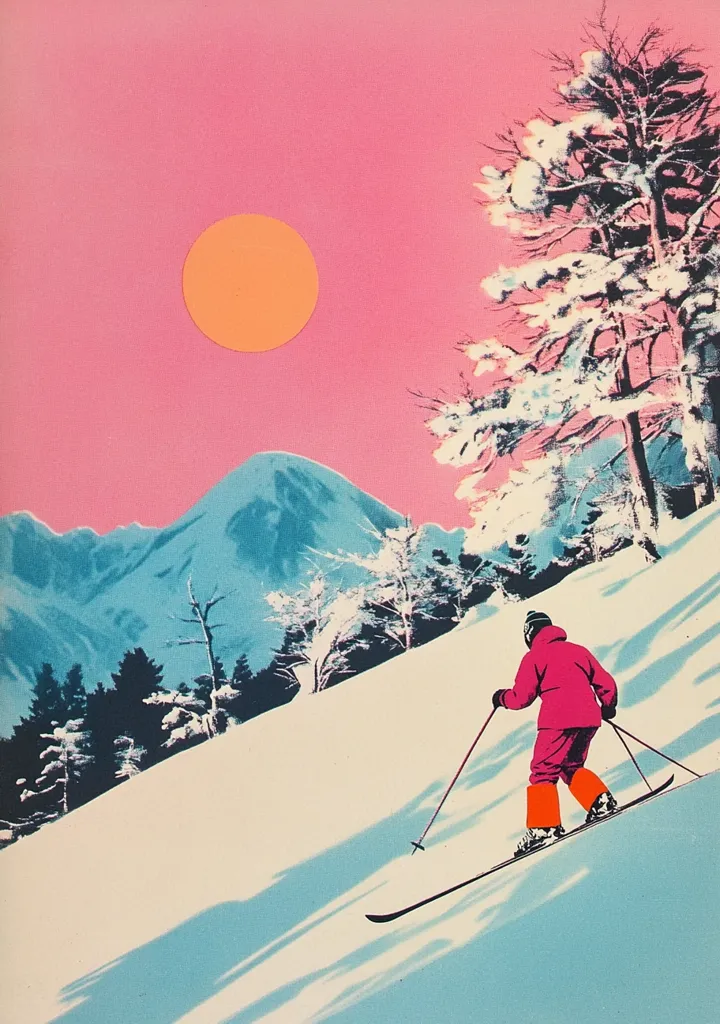 A lone skier descends a snowy slope under a bright orange sun in a pink sky. The skier wears a pink jacket and pants and skis on a white, snowy slope. In the background, a mountain range stretches out, with trees covered in white snow. The image is in a minimalist style, with bold colors and simplified shapes.