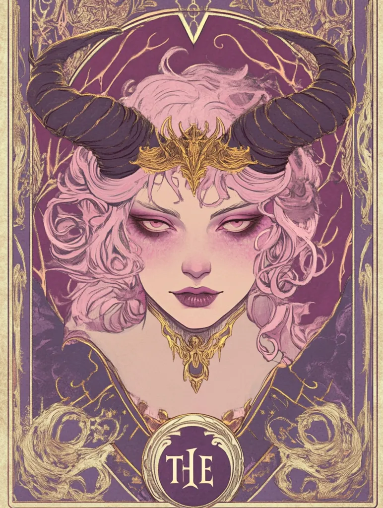 The image features a woman with long pink hair and a crown. She has black horns and wears an ornate gold necklace. The background is a purple and gold frame with intricate details. The word "THE" is prominently displayed at the bottom of the frame, suggesting a title or a concept. The overall style is gothic and decadent, hinting at a fantasy or magical theme.