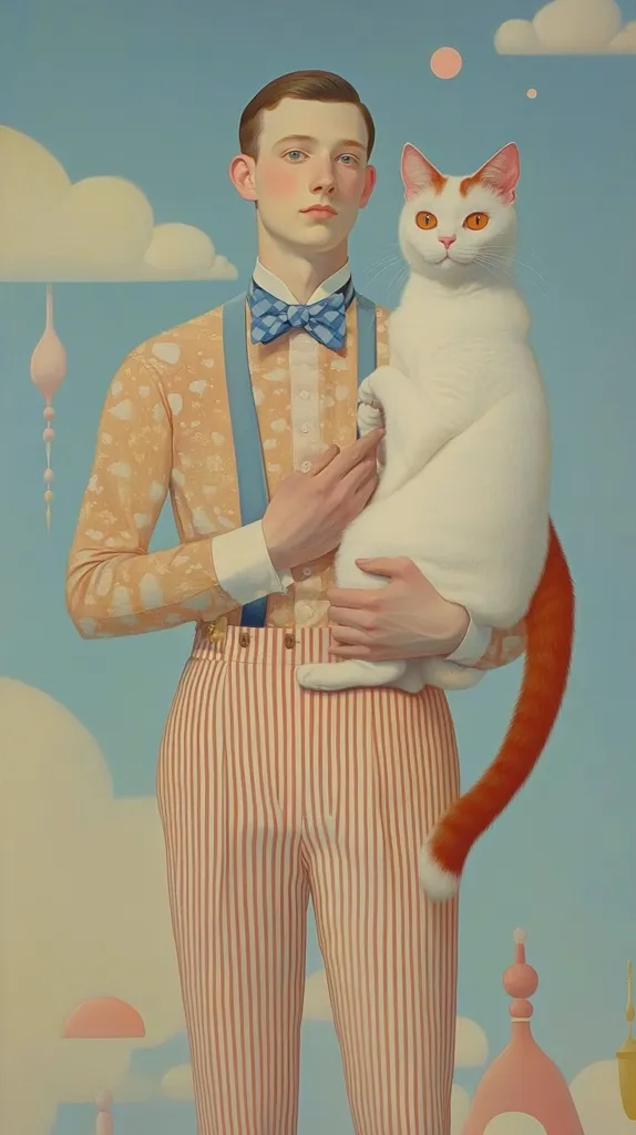 The painting depicts a young man with a serious expression, dressed in a patterned shirt, suspenders, and striped pants, holding a white cat with orange fur on its tail. The backdrop features a light blue sky with white clouds and pink, round objects. The overall mood of the painting is whimsical and surreal.