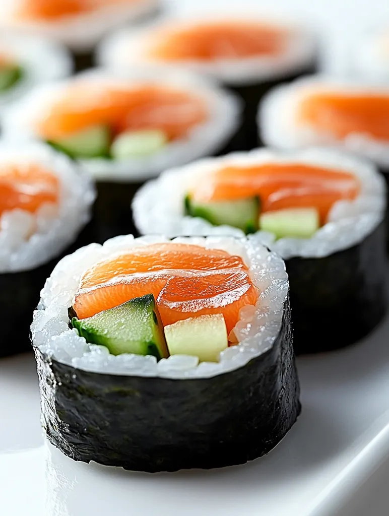 A close-up shot of a salmon maki sushi roll on a white plate. The sushi is made with white rice, salmon, cucumber, and seaweed. The roll is cut into thin slices and arranged in a row. The sushi is glistening and looks delicious. There are other sushi rolls out of focus in the background.