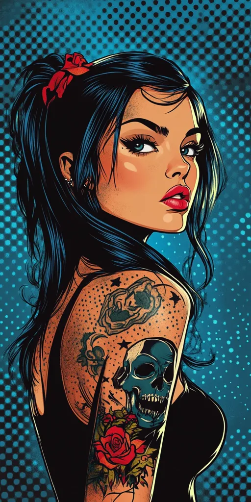 The image is a close-up of a woman with long black hair pulled back with a red ribbon. She is wearing a black tank top and has a large tattoo on her right shoulder. The tattoo features a skull, roses, and other designs. The background is a blue and white polka dot pattern. She is looking over her shoulder with a confident expression.  The woman's skin is pale and her lips are painted a bright red.  The image is drawn in a comic book style.