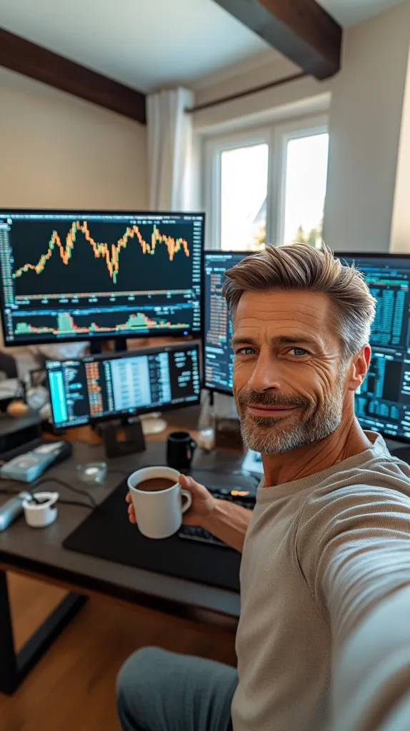 A man sits at his desk, a mug of coffee in his hand, looking directly at the camera with a smile. Behind him are three computer monitors, one showing a stock market chart. The room is brightly lit and has a window overlooking a leafy exterior. The man is likely a stock trader or financial analyst.