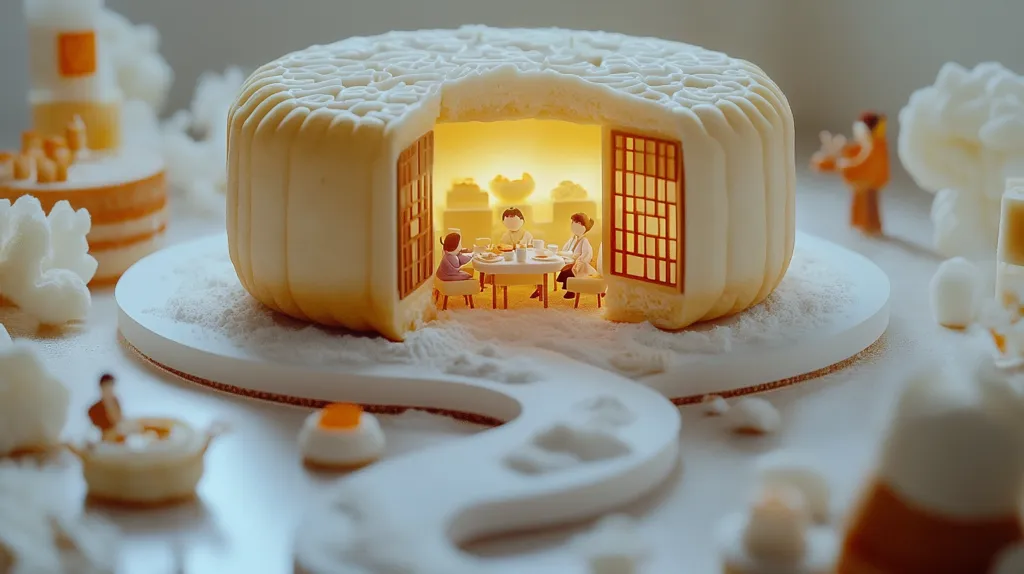 The image features a miniature scene created with food items. A large mooncake is the centerpiece, with its interior hollowed out to reveal a tiny dining room.  Inside, miniature figures are seated at a table, enjoying a meal. The mooncake is surrounded by other miniature structures and food items, creating a whimsical and charming scene. The overall effect is playful and imaginative, highlighting the artistry of food-based miniature creations.
