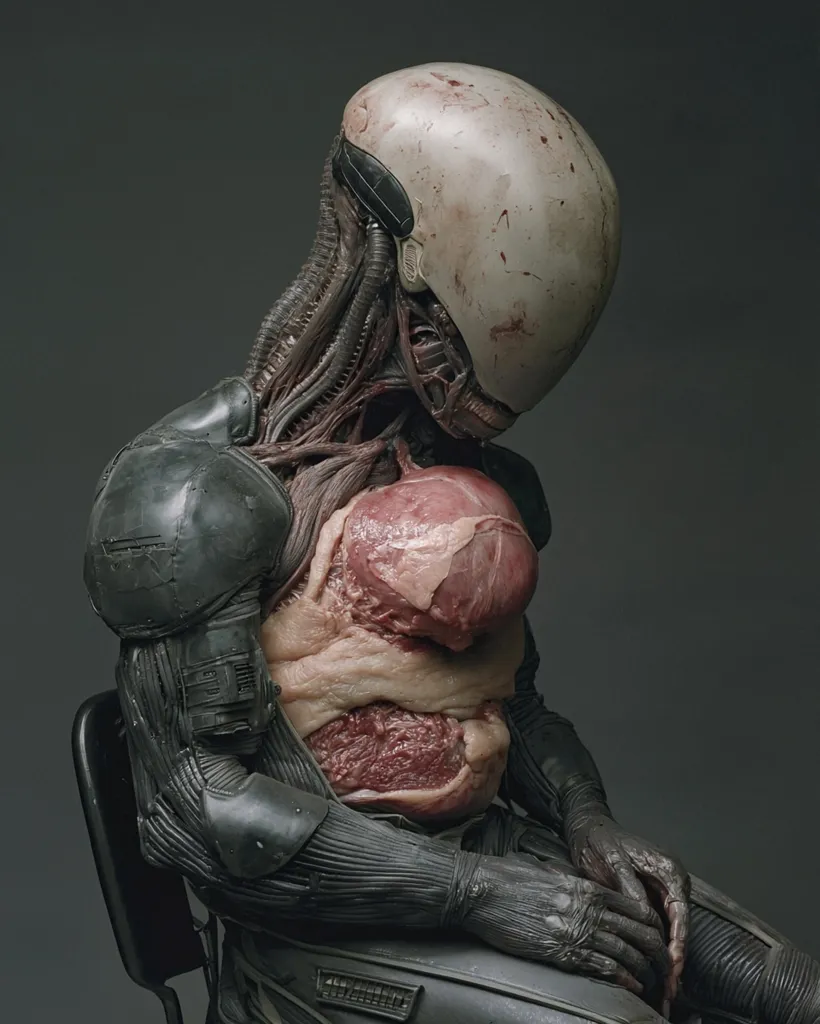 The image depicts a humanoid figure with a  gray helmet, a partially exposed fleshy torso, and a futuristic, black, armored suit. The figure is seated, with its head bent down and its hands clasped together. The contrast between the organic flesh and the synthetic armor creates a striking visual impact. The image evokes a sense of vulnerability and the juxtaposition of human and machine.