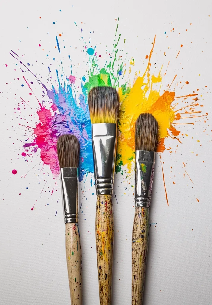 Three paintbrushes stand upright on a white canvas, each splattered with colorful paint. The brushes are arranged in a line, with the largest brush in the center, creating a sense of symmetry. The colorful paint splatters are a vibrant contrast against the white canvas, representing the joy and creativity of art. The image evokes a sense of artistic expression and the beauty of color.