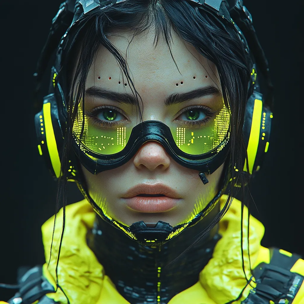 A woman with short, dark hair wears a futuristic helmet with yellow accents and goggles displaying a green digital pattern. She has green eyes, and her face is framed by a yellow and black suit. The image has a dark, moody background and a cyberpunk aesthetic. The woman's expression is neutral, and her gaze is direct.