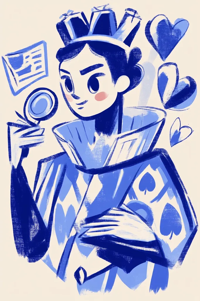 The image depicts a stylized, cartoon-like Queen of Spades. She is wearing a blue and white gown with a large crown on her head and is holding a magnifying glass in her right hand. She has a serious expression on her face, and there are various playing card suits around her, including hearts and spades. The image is painted in a bold, brushstroke style, creating a whimsical and playful aesthetic.