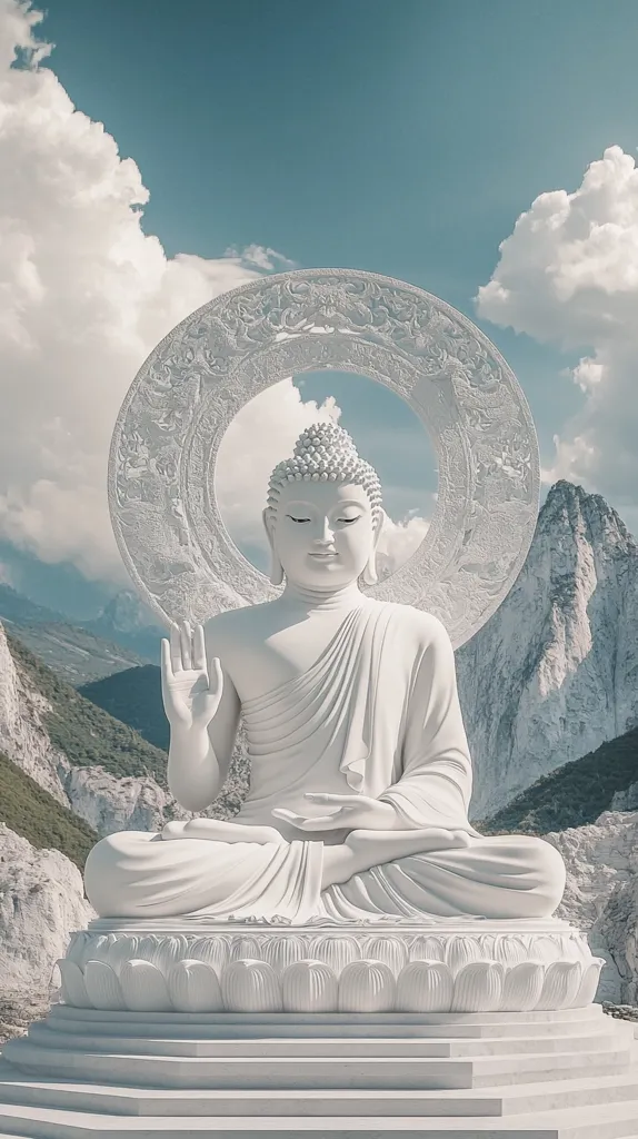 A serene white Buddha statue sits in a meditative pose atop a stone platform adorned with lotus flower carvings. The statue is framed by a circular, intricately carved halo, and the background features a dramatic mountain landscape under a clear blue sky with fluffy white clouds. The overall image evokes a sense of peace, tranquility, and spiritual connection.