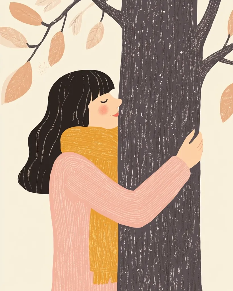 A woman with long dark hair, wearing a pink sweater and a yellow scarf, is embracing a large tree trunk. Autumn leaves are scattered in the background. The woman appears to be closing her eyes, suggesting she is enjoying the warmth and serenity of the moment. The image conveys a sense of comfort and connection with nature.