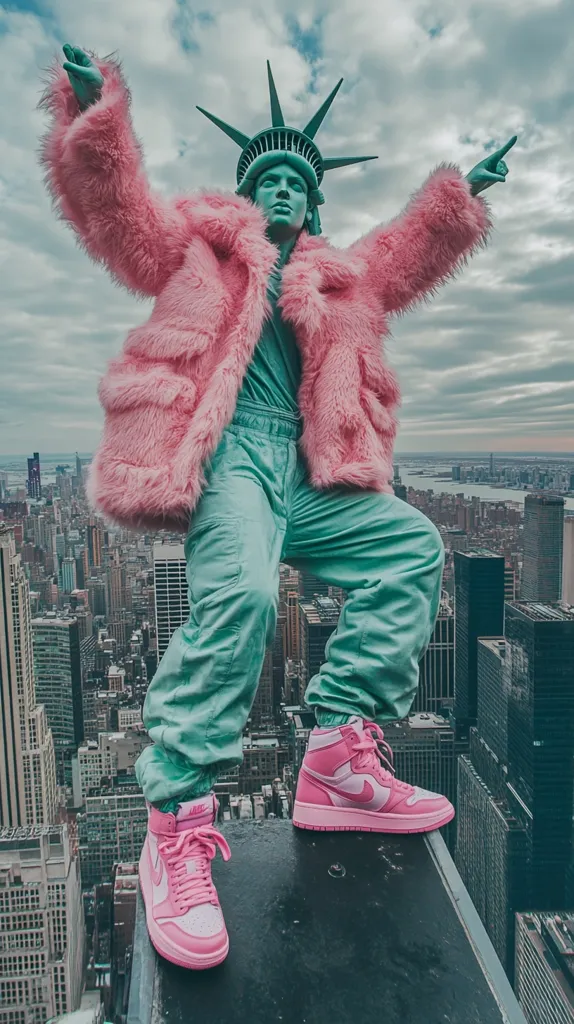 The image shows a person standing on a rooftop in a pink fur coat and light blue pants, with a large, green statue resembling the Statue of Liberty in the background. They are wearing pink and white high-top sneakers and are looking off to the side. The city skyline is visible behind them. The photo is taken from a high angle, giving a sense of scale and grandeur. The overall aesthetic is bold and stylish, with a playful touch of whimsy.