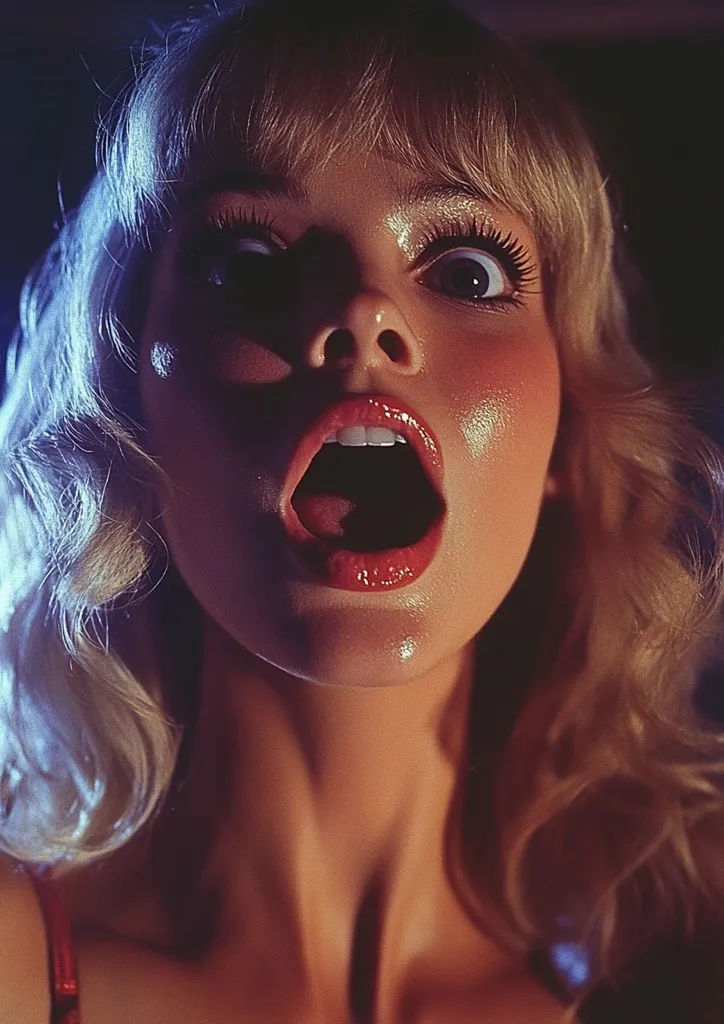 A young woman with blonde hair and red lipstick is seen with a look of horror and shock on her face. Her eyes are wide open, her mouth is open in a scream, and her face is contorted in fear.  Her head is tilted back and her neck is stretched, as if she is being pulled back.  The image is lit in a dramatic way, with shadows and highlights that create a sense of suspense.
