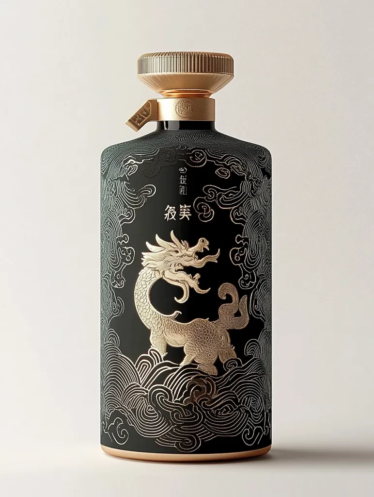 A black bottle with a gold lid and intricate gold detailing sits on a white background. The bottle is adorned with a stylized dragon and clouds, all in a swirling pattern. The design gives a sense of traditional Chinese artistry and refinement. The bottle appears to be a premium liquor or spirit.