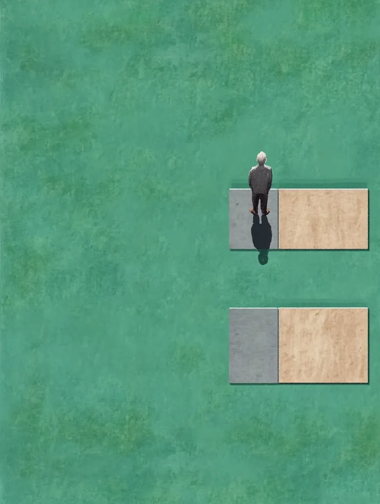 The image shows a man standing on a grey and beige platform. He is facing away from the viewer and his shadow is cast on the platform. The platform is set against a backdrop of teal green. The image is a simple yet thought-provoking representation of choice and direction.