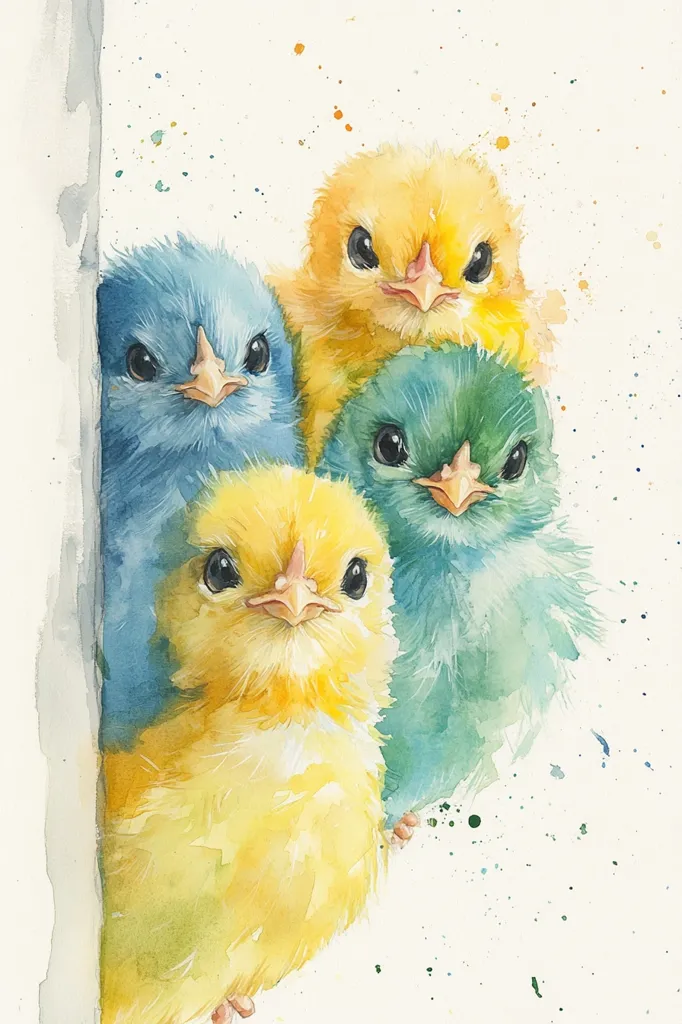 A watercolor painting depicts four baby chicks in a cluster. The chicks are yellow, blue, and green. Their fluffy bodies and curious eyes are captured in a whimsical style, and the painting is adorned with colorful splatter accents. The chicks appear to be peeking out from behind something, adding a sense of playfulness to the composition.