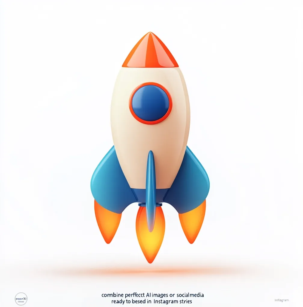 A cartoon-style rocket ship with orange, blue, and white coloring. It is positioned with its nose pointing upwards and its three orange flame engines ablaze. The rocket appears to be in mid-flight, against a white background.