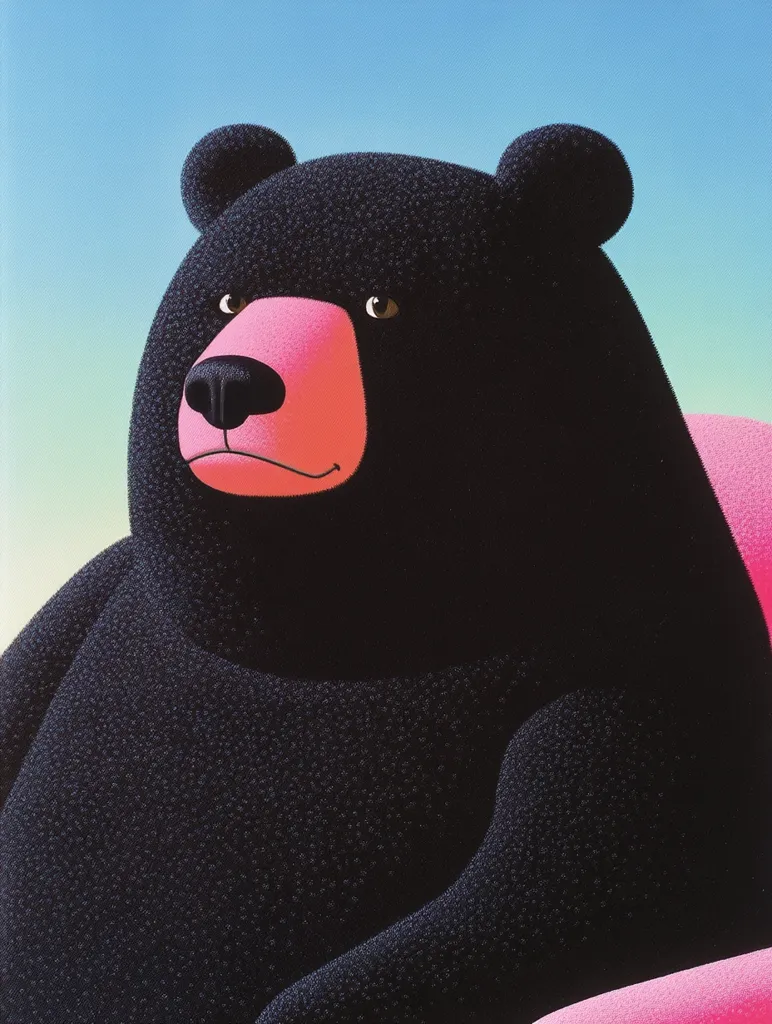 A large black bear with a pink nose and a pink patch on its chest sits against a blue and pink background. Its fur is detailed with a stippled effect, giving it a soft, plush appearance. The bear's eyes are dark and deep, suggesting a sense of calm and wisdom. The vibrant colors and simple composition create a playful and whimsical mood.
