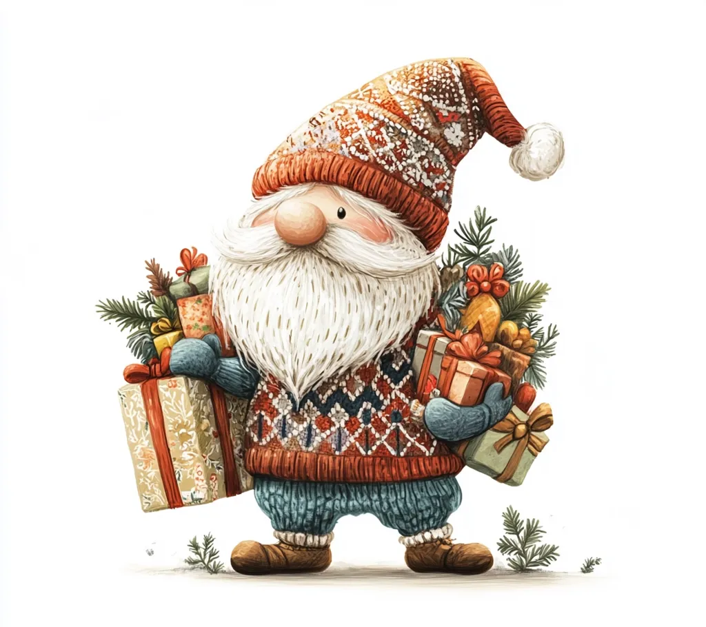 A cheerful gnome wearing a red and white knitted hat and sweater holds a stack of wrapped gifts in his arms. The gnome's white beard and blue mittens add to his festive look. A sprig of pine needles adds a touch of Christmas cheer to the scene.  The gnome's friendly expression suggests he's ready to spread holiday joy.