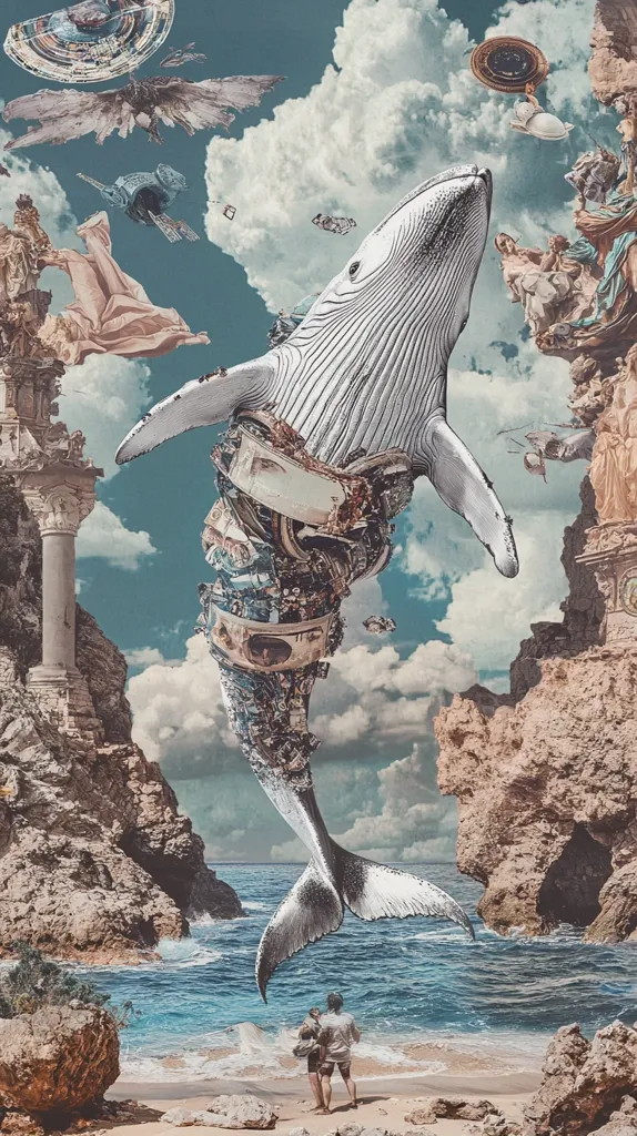 A large whale, made of seemingly random objects, floats above a beach.  A couple stands on the sandy shore, observing the whale's tail as it hangs in the air, above the ocean.  The sky is filled with fluffy clouds and various flying objects. The image appears to be a surreal collage.