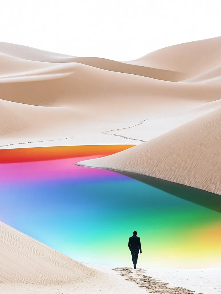 A lone figure walks along a sandy path in a desert landscape. The path leads towards a shimmering pool of water, its surface reflecting a rainbow of colors. The vast expanse of sand dunes stretches out around the figure, creating a sense of isolation and wonder. The image evokes a feeling of tranquility and possibility.