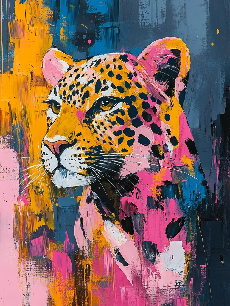 The painting depicts a close-up of a leopard's face against a vibrant abstract background. Bold strokes of pink, blue, and orange create a dynamic and expressive backdrop. The leopard's fur is rendered in a detailed, realistic style, while the background is more abstract, creating a striking contrast. The animal's gaze is intense and captivating, suggesting a sense of strength and wildness. The overall impression is one of energy and beauty.