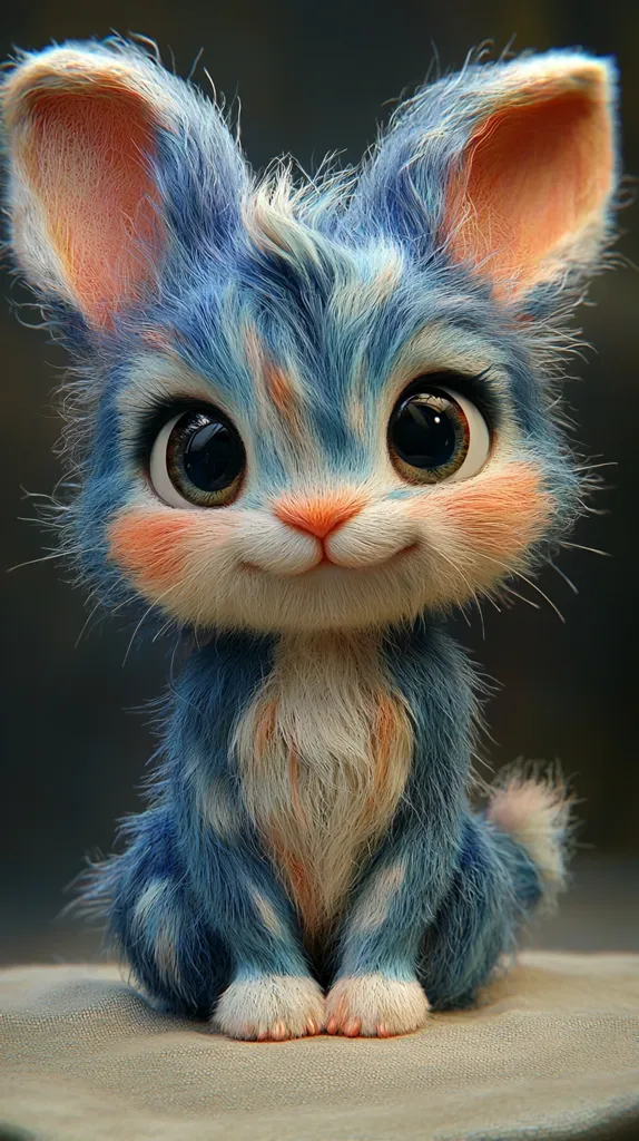 A furry, blue and white creature with large, round eyes and pink ears sits on a textured surface. Its fur is fluffy and soft, and its expression is sweet and innocent. The creature has a small, pink nose and its paws are white with pink claws. The image is a cute and whimsical depiction of a fantasy creature.