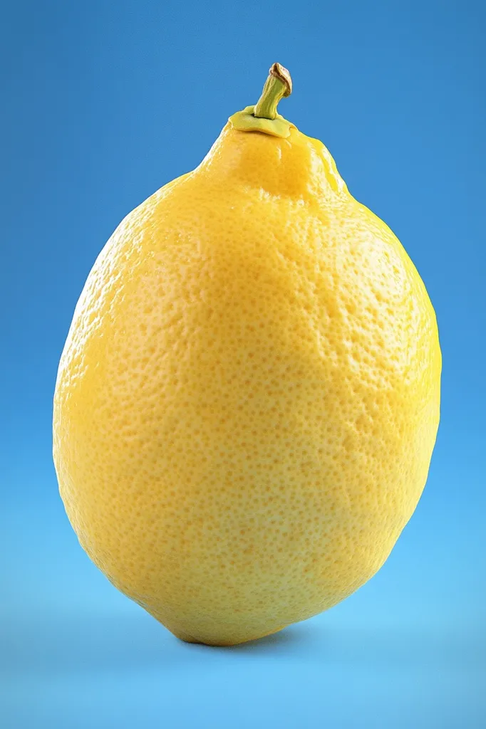 A single, ripe lemon sits against a light blue background. Its skin is bright yellow and textured with tiny bumps.  The lemon has a small green stem on top.  The background is out of focus, making the lemon stand out.  The lemon appears juicy and ready to be squeezed.