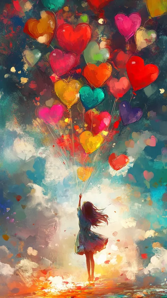 A young girl with long brown hair, wearing a blue dress, is standing in a field of vibrant orange and yellow, with a bright blue sky above her. She is holding onto a bunch of colorful heart-shaped balloons, some of them red, orange, yellow, green, blue and purple. There is a sense of joy and wonder in the painting.