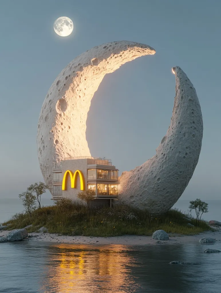 A crescent moon, resembling a giant rock formation, rests on a small island in a serene body of water.  The moon casts a soft glow, illuminating a small building with a bright yellow "M" on its facade. The full moon hangs above, adding to the surreal and whimsical atmosphere. Lush greenery and a calm, reflective water surface complete the scene, suggesting a peaceful and dreamlike setting.