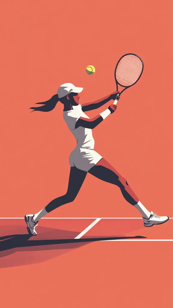 A female tennis player in a white dress and a white cap is mid-swing with her racket, she is facing right,  her left leg is extended as she reaches for a yellow ball that is in the air. She is on a red clay court with a white line,  her shadow is cast on the ground.