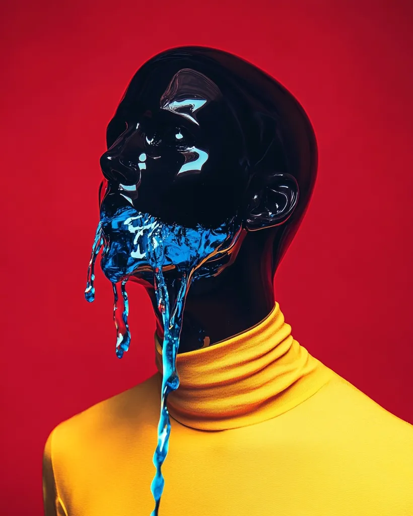 A black mannequin head with a bright blue liquid cascading from its mouth, appearing to be poured over the head. The mannequin is wearing a bright yellow turtleneck sweater and the background is a vibrant red. The colors and shapes create a striking and abstract image.