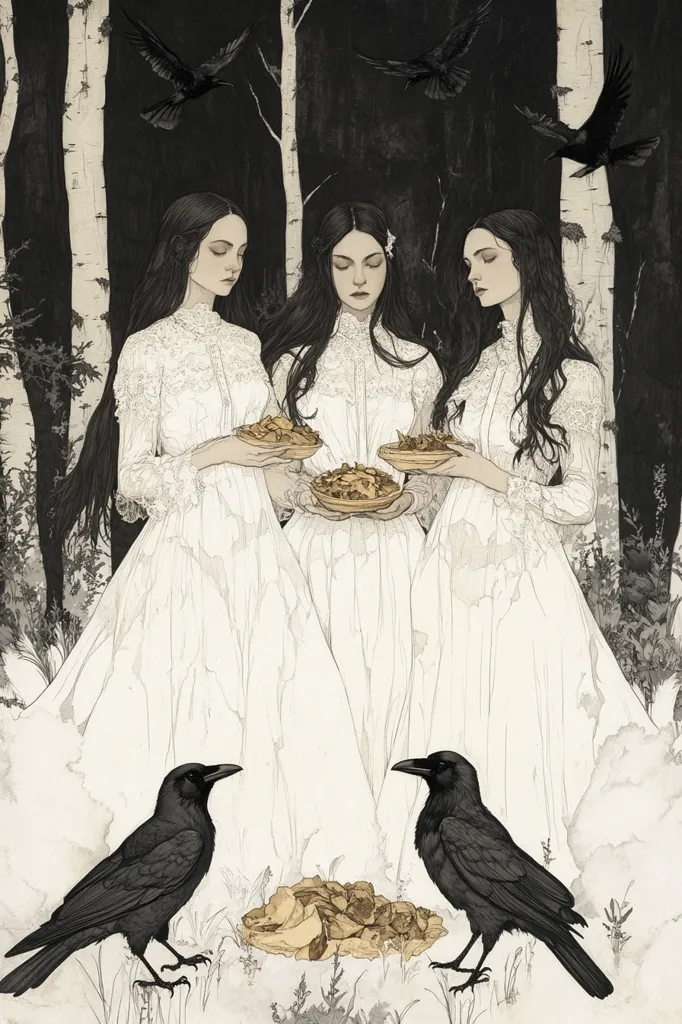 Three women dressed in white, with long dark hair, stand in a forest. They hold platters with what appears to be mushrooms, and two ravens watch them. The forest is dark, and the women's expressions are solemn. The overall tone of the image is mysterious and slightly ominous.