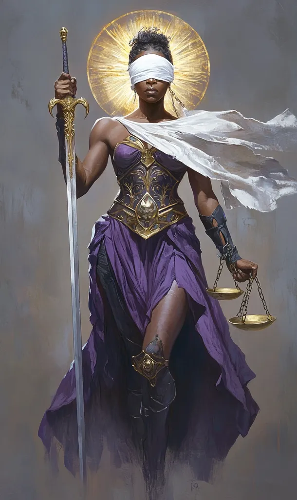 The image depicts a female figure, likely a representation of Justice,  with dark skin and a blindfold covering her eyes. She stands tall, holding a sword in her left hand and a scale of justice in her right. She wears a flowing purple robe, a golden breastplate, and a white cloth over her shoulders. A golden halo surrounds her head, symbolizing her divine authority. The background is a muted gray, highlighting the figure and her attributes.