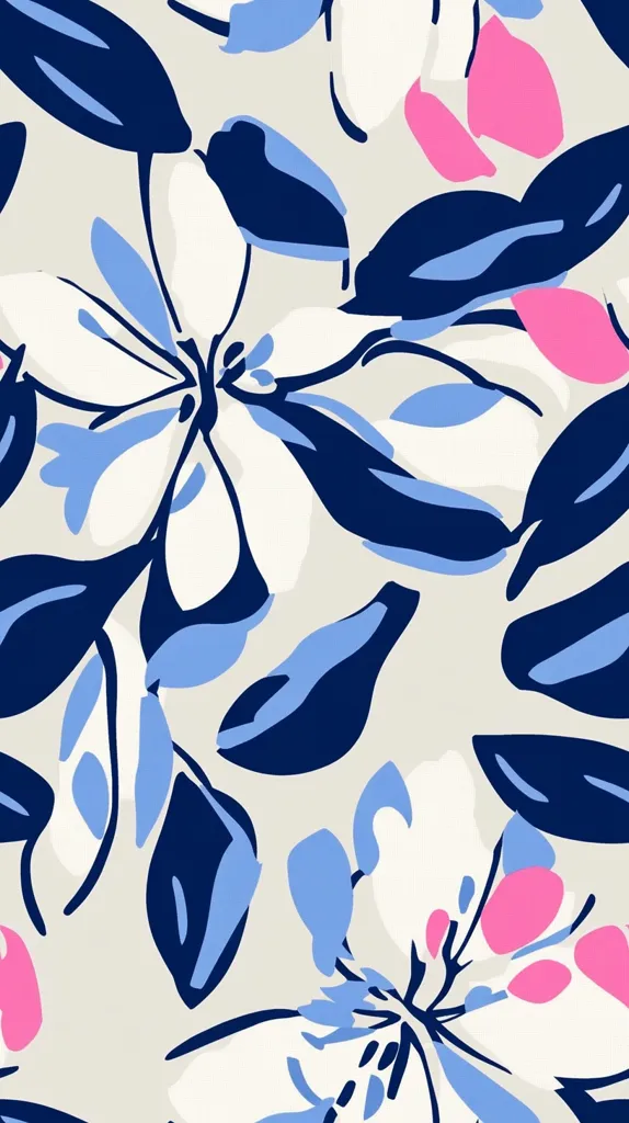 The image is a floral pattern with white flowers and dark blue leaves. There are hints of pink and light blue in the flowers. The background is a light grey. The image is stylized and abstract.