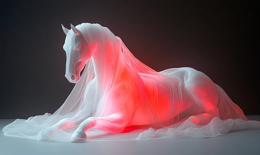 A white horse sculpture is lying down, draped in a sheer white fabric. A red glow illuminates the horse, casting a warm, ethereal light. The horse's head is bowed, giving the image a sense of sadness or contemplation. The smooth lines of the sculpture and the flowing fabric create a sense of elegance and beauty.  The image evokes a feeling of mystery and quiet contemplation.
