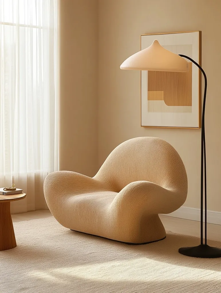 A minimalist living room with a large, beige, curved couch. A floor lamp with a white shade stands next to the couch. A simple, wooden side table sits nearby. An abstract painting hangs on the wall.  Natural light streams in from the window, illuminating the space.