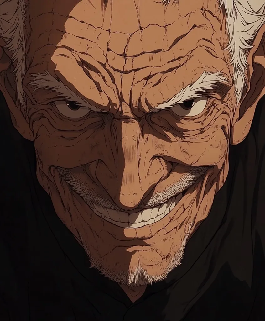 The image shows a close-up of an elderly man's face. His expression is sinister, with a wide, toothy grin and a sharp glint in his eye. His wrinkled skin and gray hair add to his menacing appearance. He is wearing a dark garment that blends with the shadowy background, making him appear even more ominous.  The image evokes a sense of unease and foreboding.