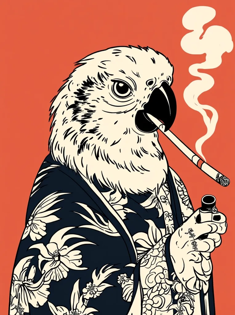 The image depicts a parrot wearing a patterned robe, holding a lit cigarette in its beak and a lighter in its hand. The parrot has a serious expression, and the smoke from the cigarette forms a cloud in the background. The illustration is drawn in a black and white style against an orange background, giving it a retro and bold feel.