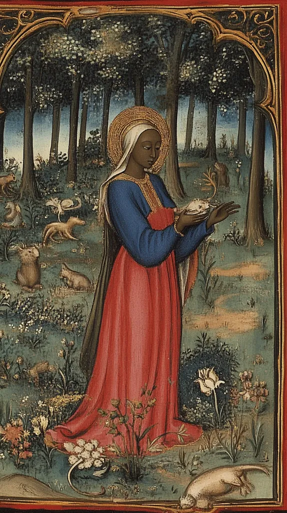 The image depicts a woman with dark skin standing in a forest clearing. She wears a red and blue robe and holds a white object. The background shows a forest with trees and plants. The woman appears to be a religious figure, perhaps a saint or a virgin. She is depicted in a serene and contemplative manner, surrounded by nature. The image evokes a sense of peace and spirituality.