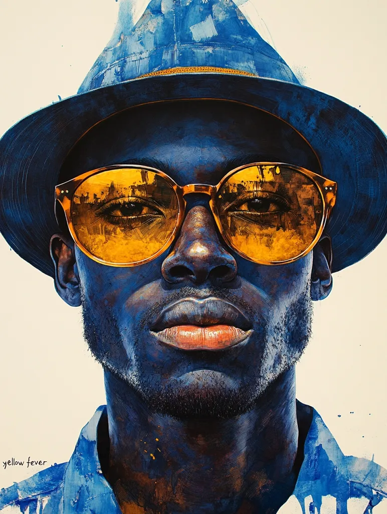 A close-up portrait of a man wearing a blue hat, sunglasses, and a blue shirt. His skin is a dark blue, and his eyes are looking intensely at the viewer. The background is a white wall with some blue paint splatters. The image has a bold and striking color palette.  The title, "yellow fever," suggests a commentary on race and identity.