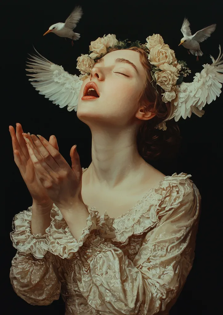 A woman in a cream-colored gown with lace detailing wears a crown of white roses and is surrounded by white birds. She has her eyes closed and her hands clasped together in prayer. The background is a dark, moody black. The overall tone of the painting is romantic and ethereal.