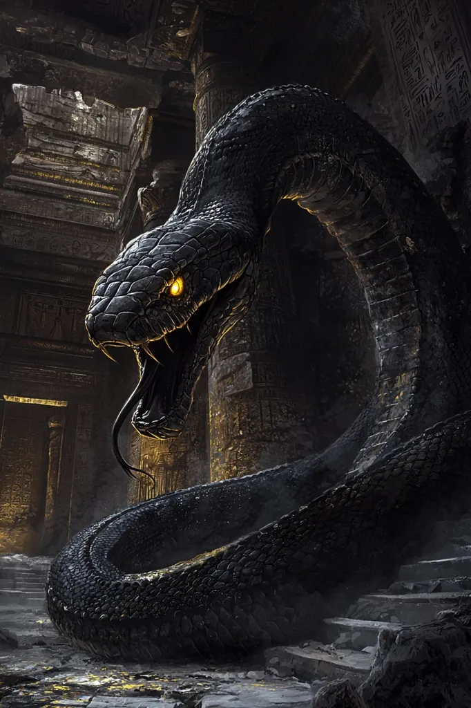 A large, black snake with glowing yellow eyes slithers through the ruins of an ancient temple. The snake's scales are rough and textured, and its gaping maw reveals sharp fangs. The temple walls are covered in intricate carvings and hieroglyphs, suggesting a lost civilization. The atmosphere is dark and ominous, with a sense of danger and mystery.