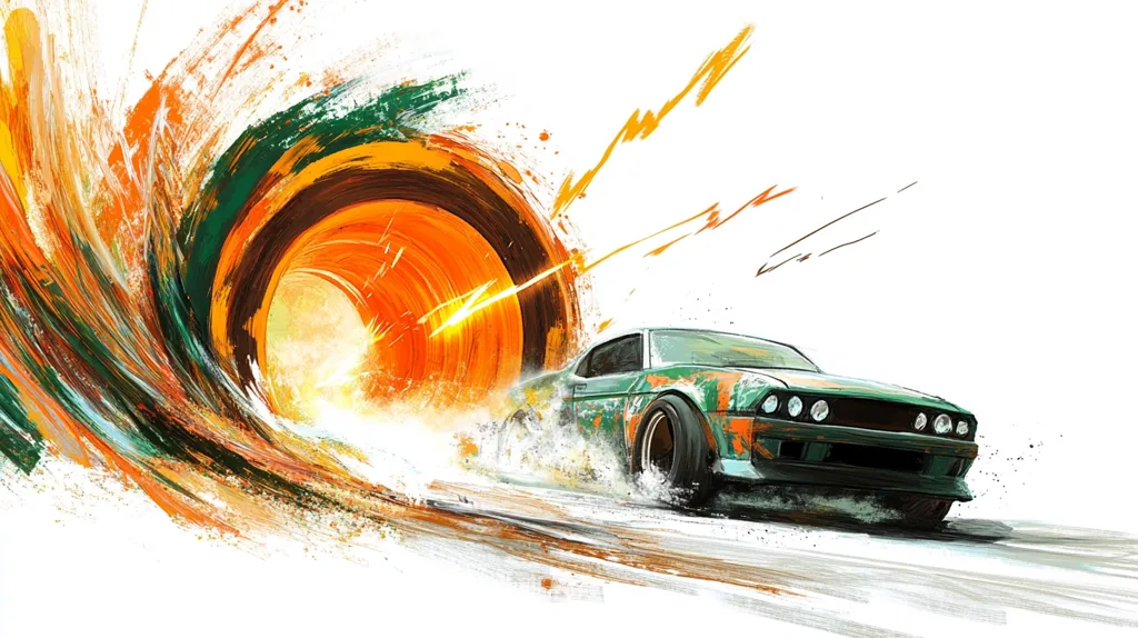 The image depicts a green muscle car speeding through a swirling vortex of orange and green paint. The car's headlights are illuminated, creating a sense of motion and speed. The paint splatters suggest an explosion of color and energy, further enhancing the dynamic nature of the scene. The overall effect is a vibrant and energetic portrayal of a car in motion.